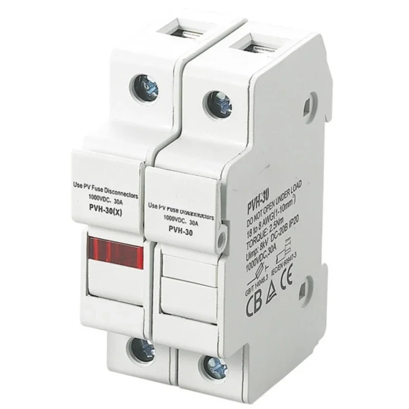 Photovoltaic fuse base PVH-30 model 10x38 with PV10 fuse core, safety seat, with light