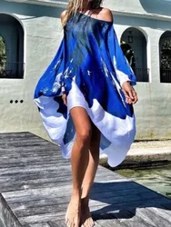 Printed Dresses Women 2025 Summer New Sloping Shoulders Loose Casual Beach Vacation Irregular Dress Fashion Beachwear Vestidos