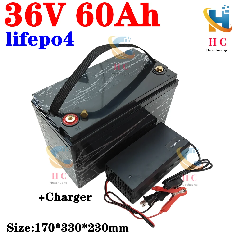 

waterproof 36V 60AH Lifepo4 battery with BMS for 2000w 1500W scooter bike Tricycle Solar backup power golf cart +10A charger