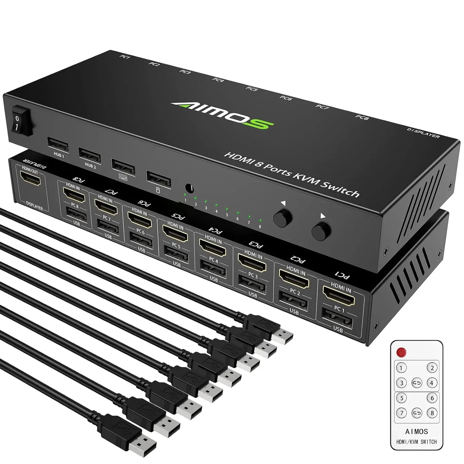 

KVM USB Switch, Aimos 8 in 1 Out HDMI Switcher Box Support 4K@30Hz for 8 PC Share Keyboard and Mouse, Support USB Hub Connect