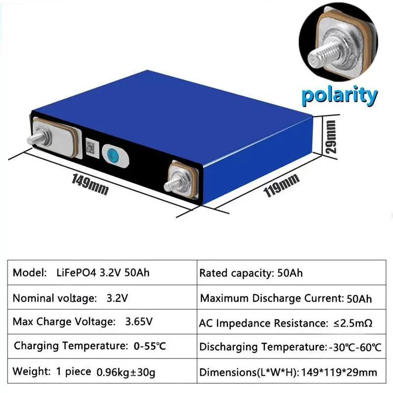 3.2V 50Ah LiFePO4 Battery Pack Phosphate 50000mAh Batteries for 12V 24V Golf Cart 3C Motorcycle Car Motor Modification M6 Stud