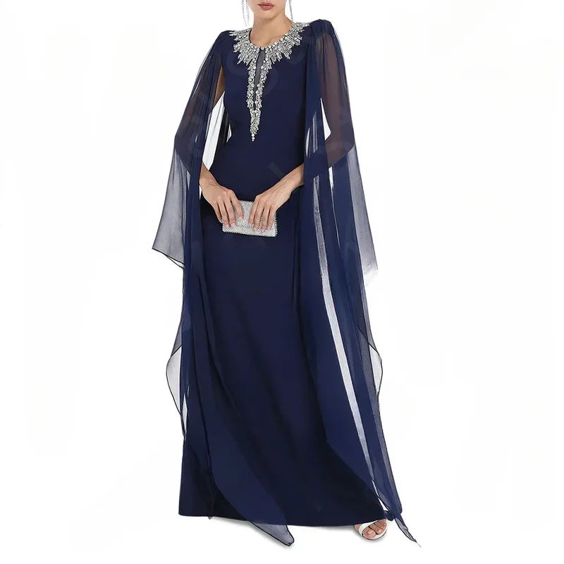 Little Daisy Customized Navy Blue Evening Dresses 2025 Arabic Beaded Prom Gowns with Cape Sleeves Wedding Guest Dresses Round Ne