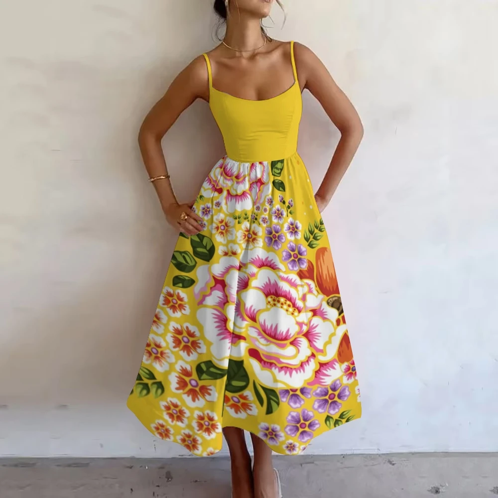 

Beauty Large Flower Prints Blooming Yellow Women'S Casual Braces Skirt Printed Pettiskirt Slim Fit Retro Strap Style Holiday