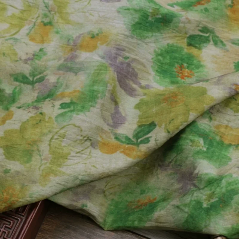 Artificial silk, cotton, green digital printing, ramie fabric, clothing, handmade DIY, sewing fabric