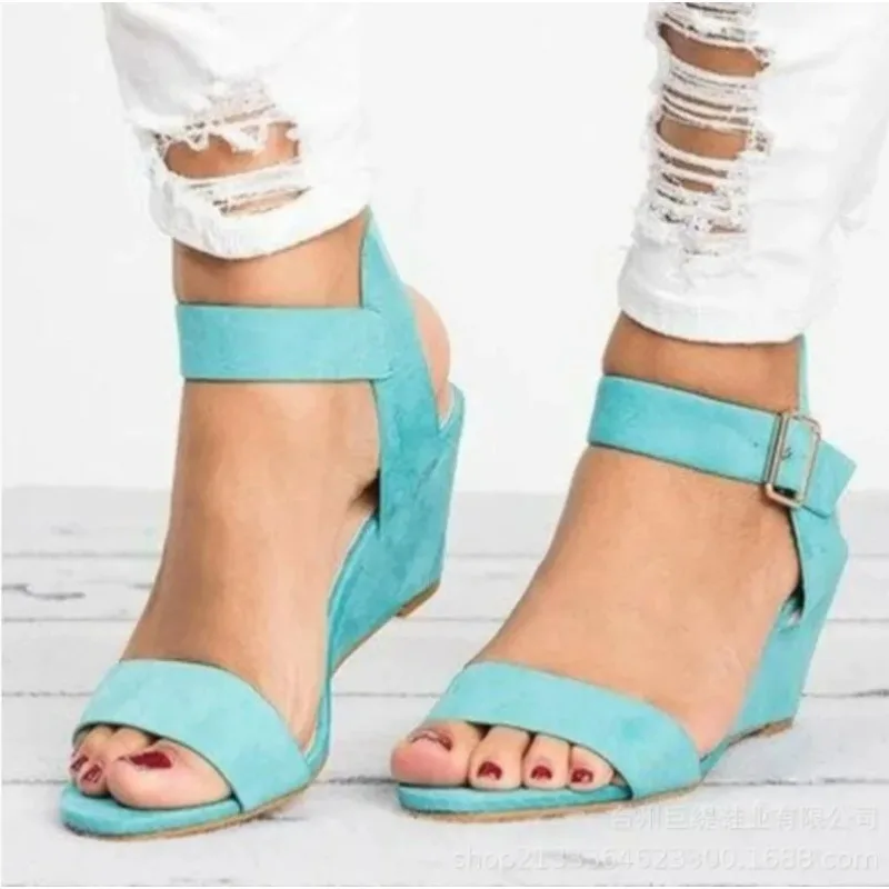 Summer Women Sandals Suede Wedge Round Toe British Style Fashion Solid High Heel Sandals Classics Casual Womens Shoes