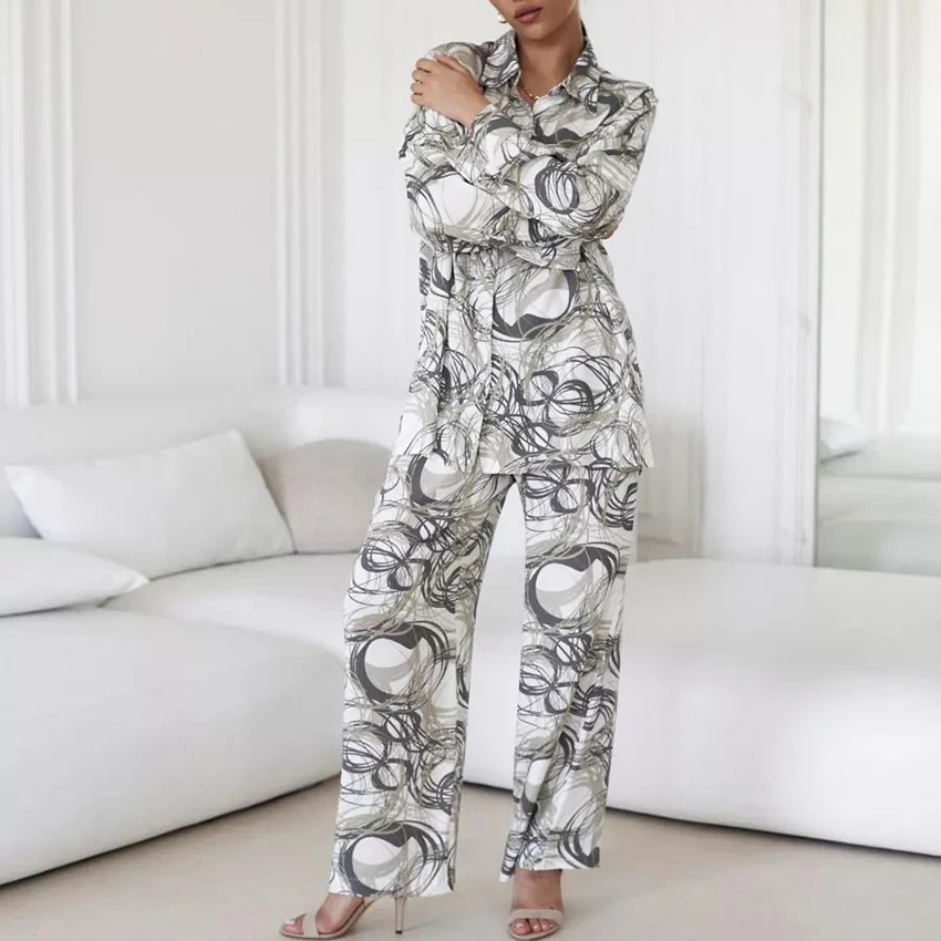 

Комплект женской пижамы Hiloc с принтом: топ с длинным рукавом и свободные брюки, 2 предмета, ночная одежда в корейском стиле, домашний костюм, новинка 2026 года