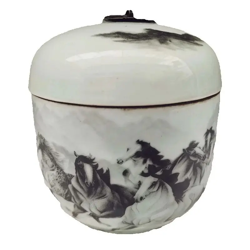 Chinese Old Porcelain Collectible pastel Galloping horse pattern Storage Jar Vintage Decorative Covered Jar