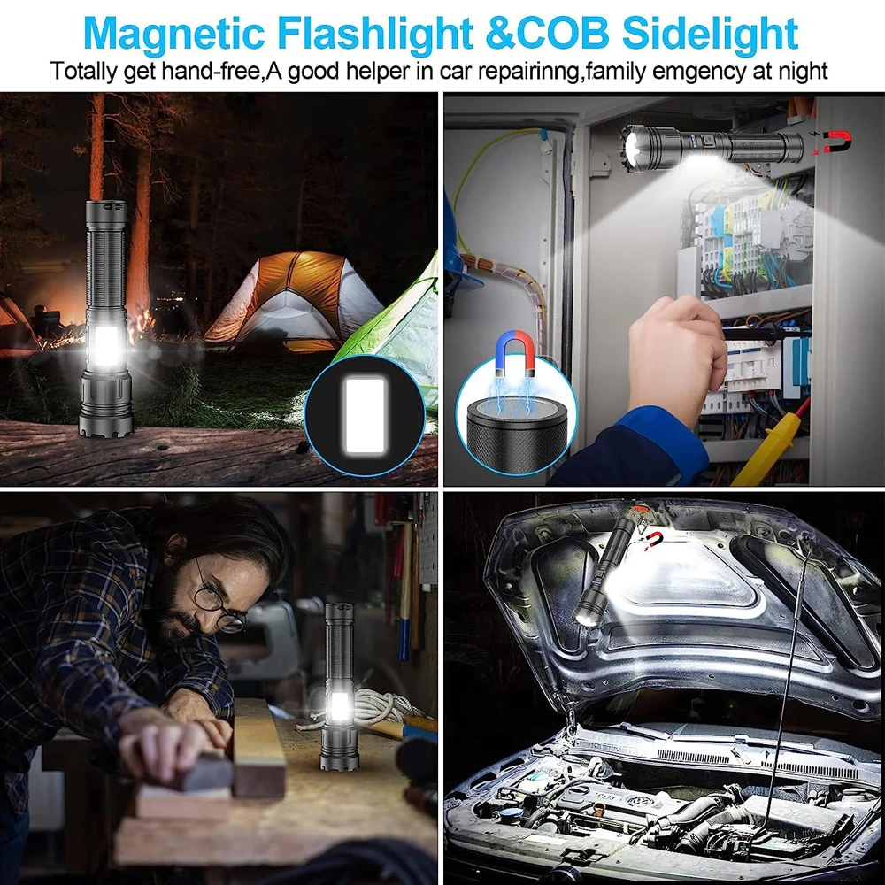 Powerful LED+COB Flashlight Zoomable 18650 Torch Type-C Rechargeable Camping Lantern Waterproof Magnetic 18650 Power Bank Light