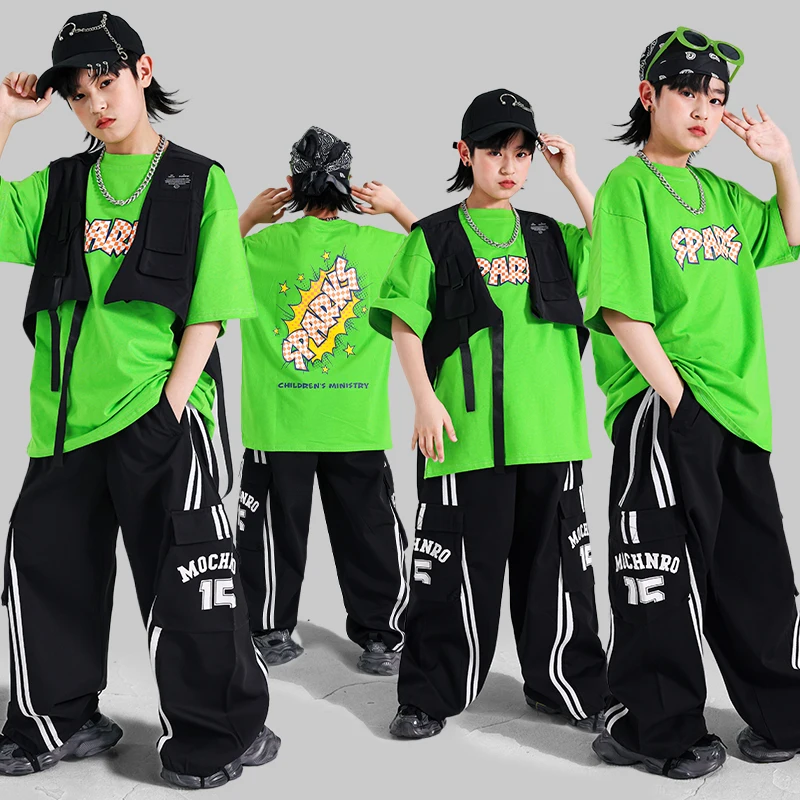 

Hip Hop Boys Green T-shirt Black Cargo Pants Street Dance Clothing Girls K-pop Jazz Costume Child Clothes Sets Kids Streetwear