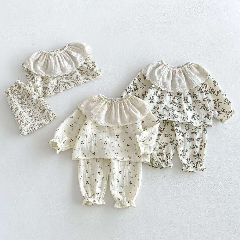 2026 Autumn Baby Girl Clothing Set 0-3Years Newborn Kids Long Sleeve Lace Collar Pullover Tops+Waist Pant 2PCS Flower Clothes