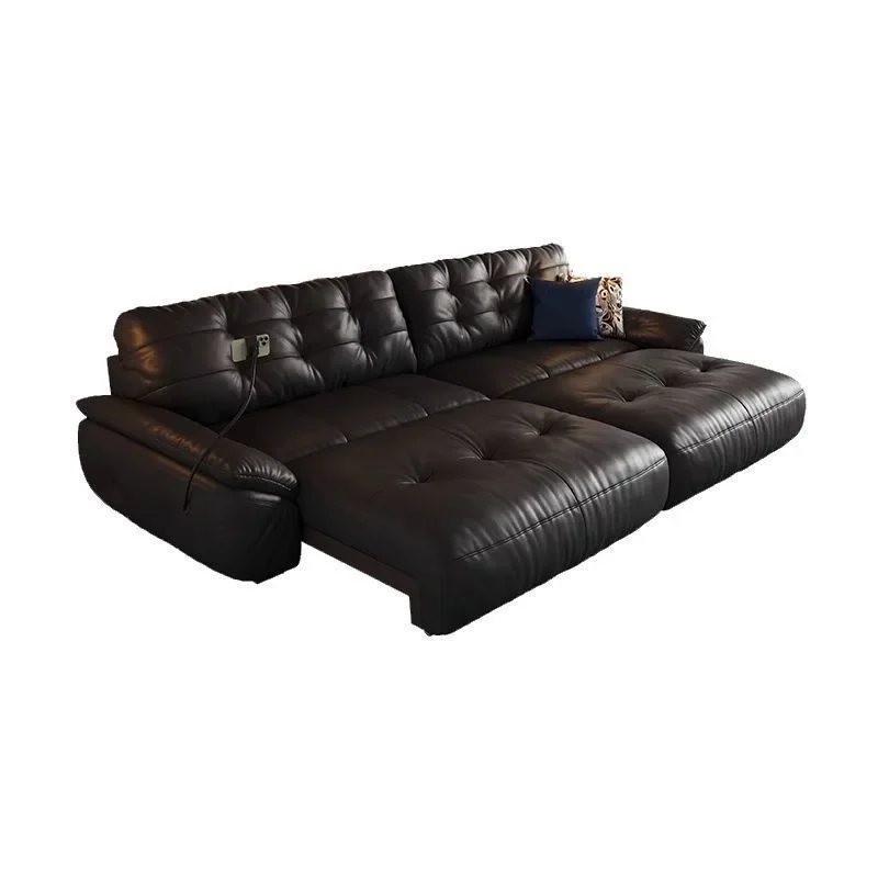 Leather electric sofa bed, Italian retro style living room study multi-functional retractable rechargeable