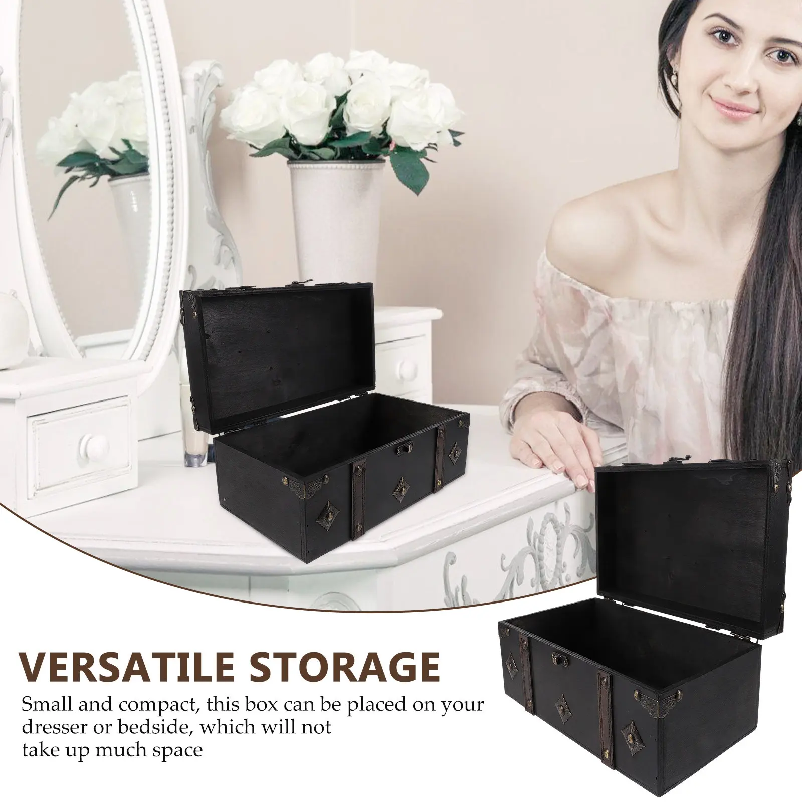 Retro Small Wooden Storage Box Treasure Chest Trinket Organizer Jewelry Case Versatile Sundries Storage for Home Office view 4
