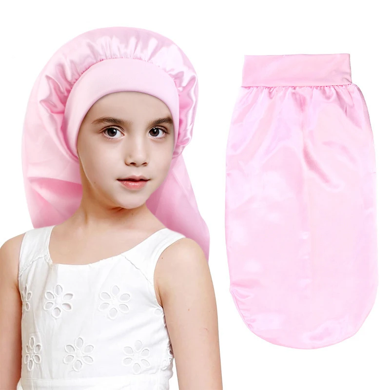 New Kids Girls Long Satin Bonnet Sleep Cap Silky Sleeping Wide Elastic Band Hair Care Turban Curly Hair Headscarf Nightcap Hat