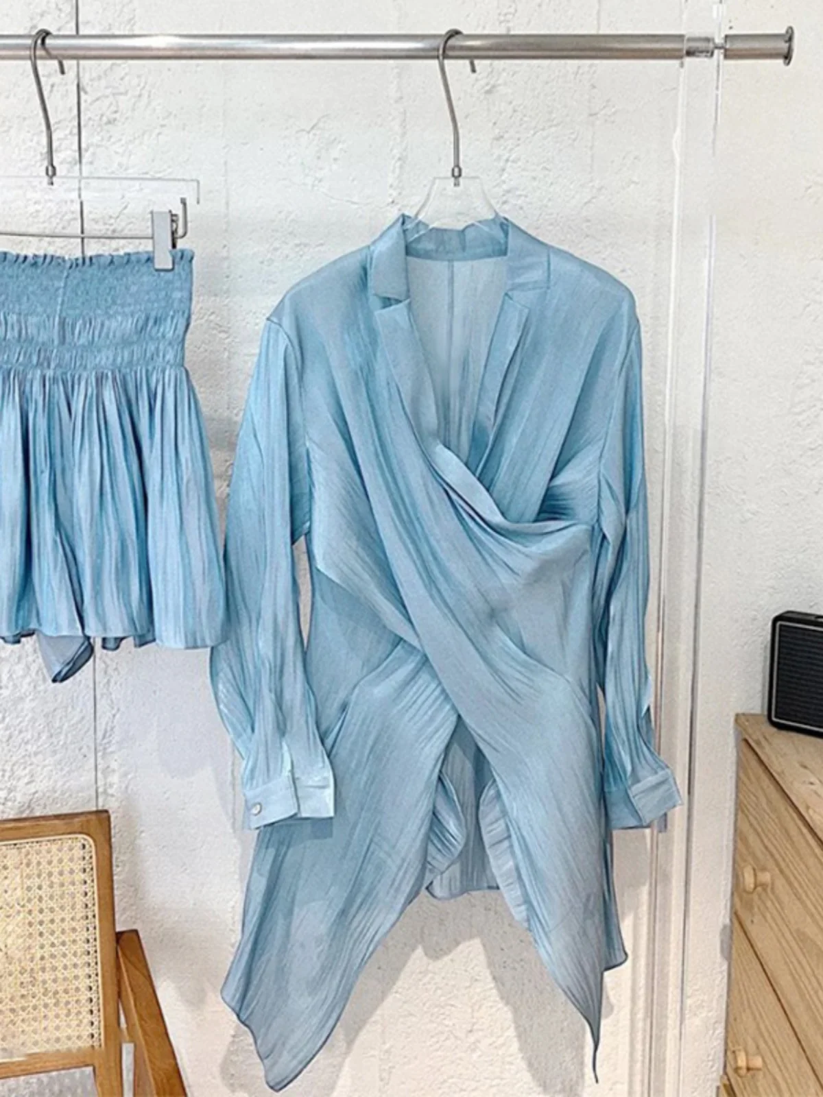 

Princess Style Water Ripple Pleated Shirt Skirt Set Spring Summer New Arrival Drapey Overlap Shirt High Waist Skirt Pants