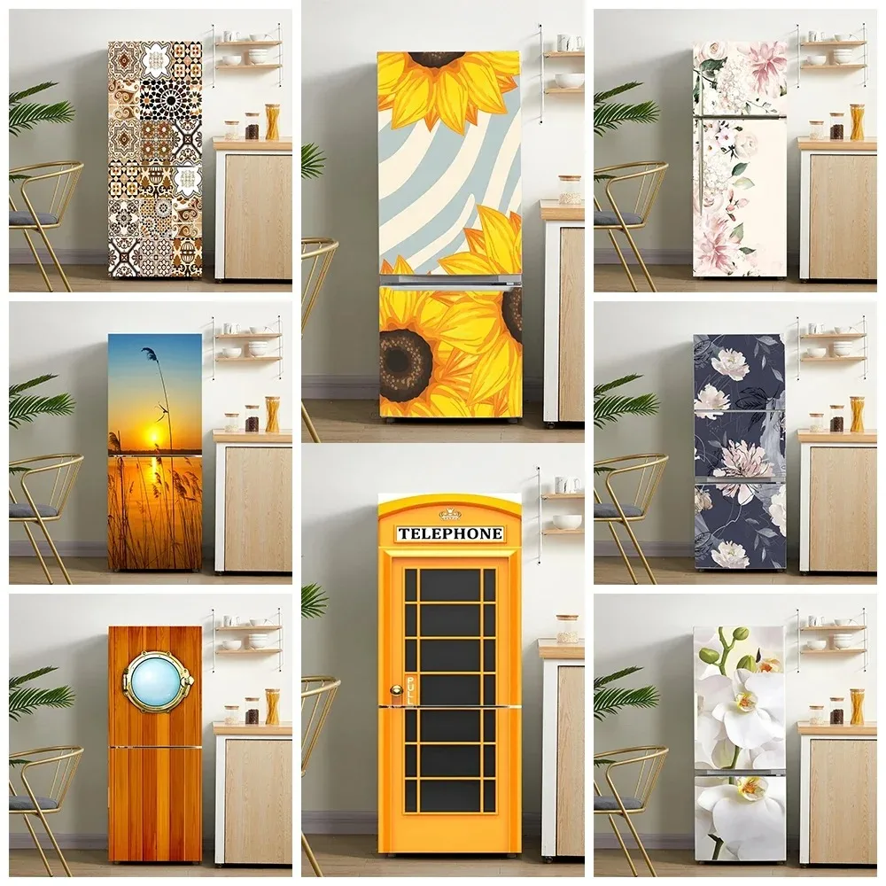 

3D Illustration Sunflower Print Fridge Door Sticker Waterproof PVC Freezer Cabinet Refrigerator INS Floral Art Mural Decals
