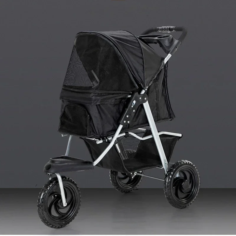 Foldable Dog Trolley:Cat Cart with Large Storage Basket,3 Wheel Pet Stroller,Load Bearing 30kg,EU Free, Pet Stroller with Basket