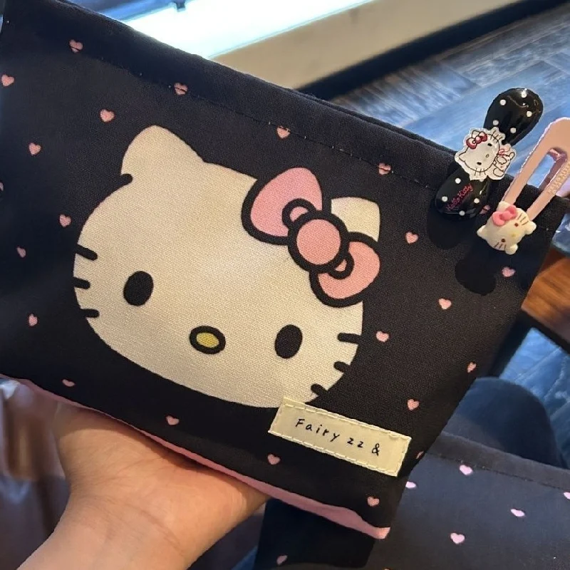 Cute Sanrio Black Pink Hello Kitty Cartoon Cosmetic Bag Anim Portable Canvas Travel Sundries Storage Bag Large Coin Purse