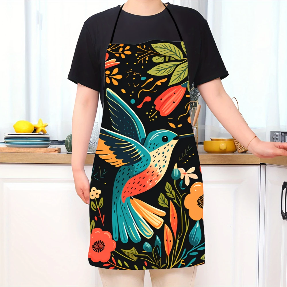 Colorful Hummingbird And Floral Pattern Apron For Cooking And Baking With Vibrant Design And Adjustable Straps