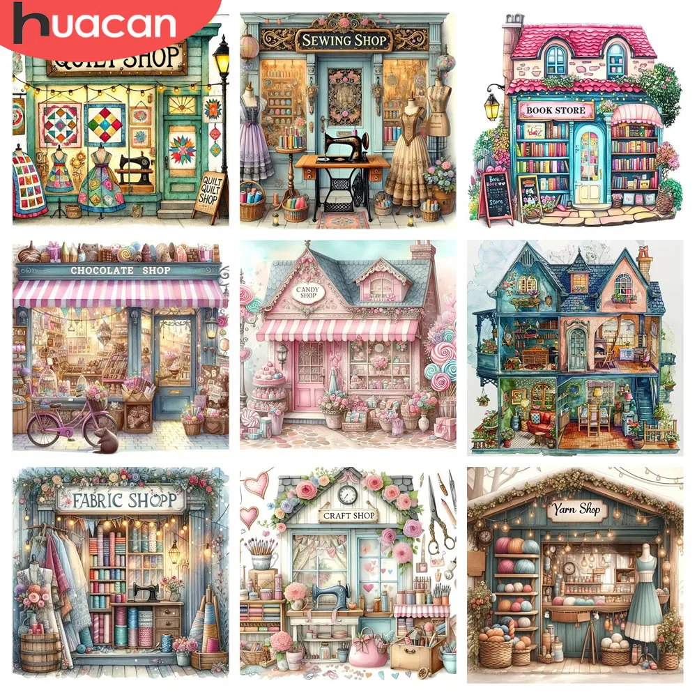 HUACAN Diamond Painting Store Shop Landscape Rhinestones 5D Diy Mosaic Living Room Wall Decoration Crafts Full Square Round