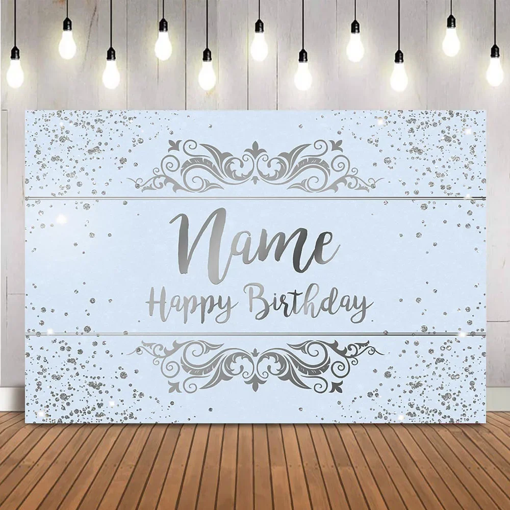 خلفية عيد ميلاد زرقاء مخصصة اسم كابينة تصوير فضية لامعة خلفية عيد ميلاد سعيد لتقوم بها بنفسك دعائم لافتة تزيين الحفلات
