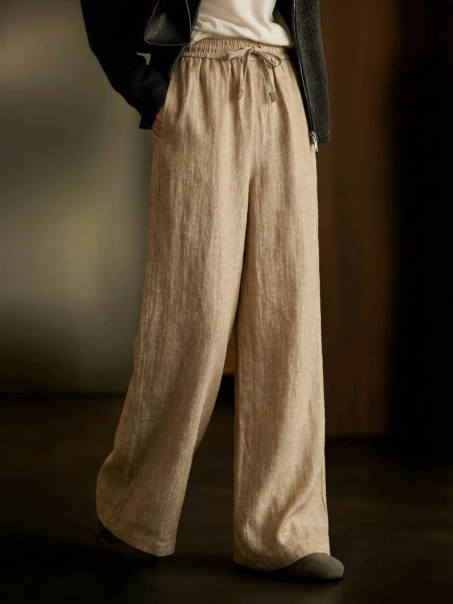 

High Waist Straight Leg Casual Pants Women's Wide Leg Long Pants Raindrop Flax Linen Spring 2026 Chivirin Casual Trousers