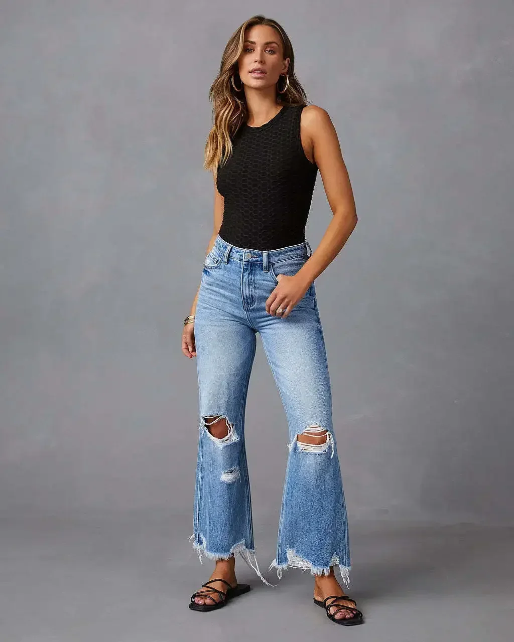 Women Denim Jeans Wide Leg Pants Holes Washing Loose Pockets Tassel Basics Casual Ankle Length Pants Spring Solid Color