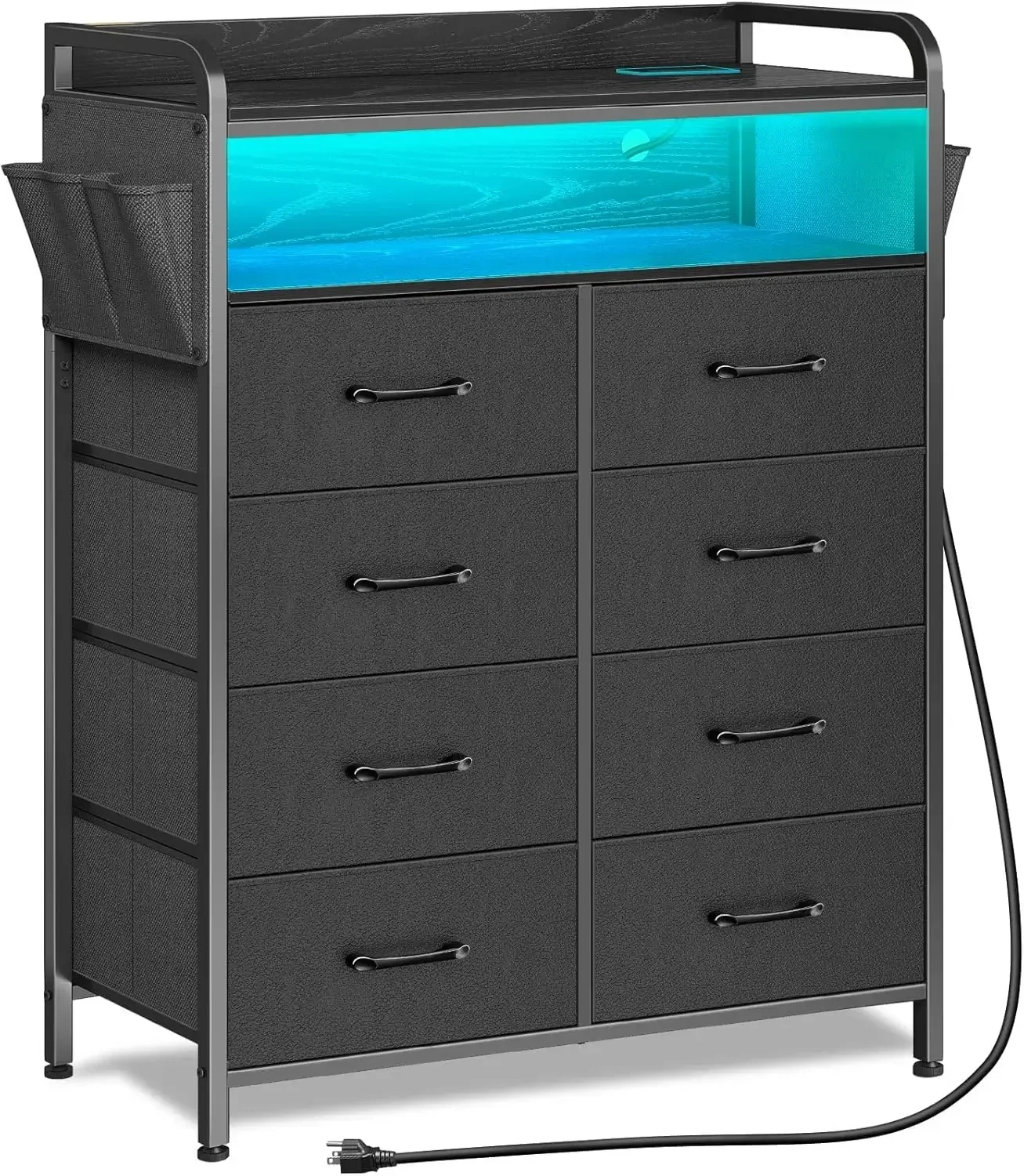 Dresser with Power Outlets and LED Lights, 8 Drawers Dresser with Side Pockets, Fabric Chest of Drawers with PU Finish