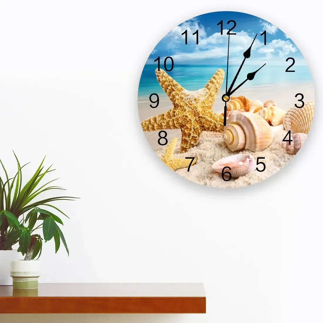 Beach Sea Starfish Shells Blue Wall Clocks Non Ticking for Girl Boy Bedroom Bathroom Kitchen Living Room Office Round Clock