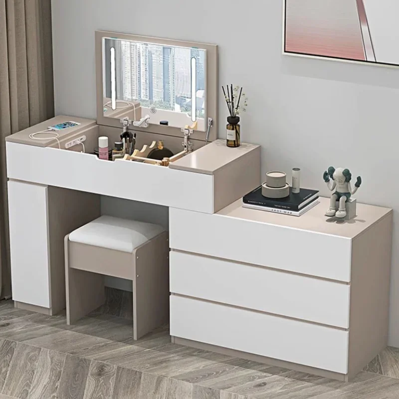 Juego De tocador minimalista moderno para niñas, taburete De diseño, Mesa De Maquillaje De madera blanca, espejo De almacenamiento, muebles De Mesa