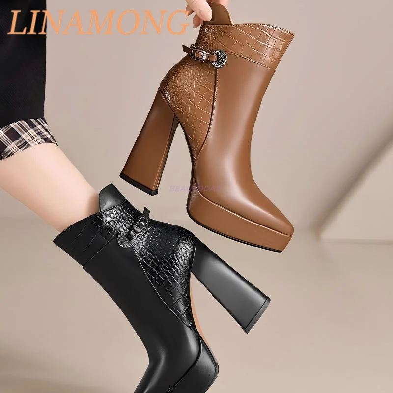 

Pointed Leather Patchwork Short Boots Thick Heels and Side Zippers Versatile In Temperament Thick Soled Super High Heels Boots