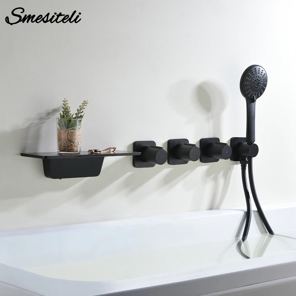 Bathroom Bathtub Faucet Black Brass Waterfall Outlet Water Handheld Sprayer Cold and Hot Admixer Three Knobs Wall Mounted