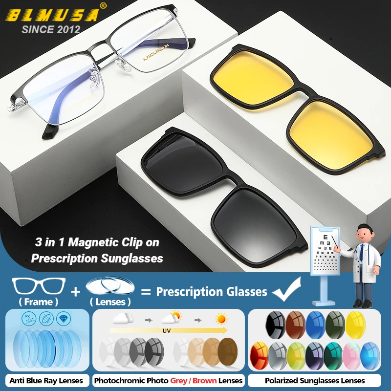 

BLMUSA 3 in 1 Magnetic Clip on Myopia Glasses Versatile Men Night Vision Driving Prescription Sunglasses Progressive Eyeglasses