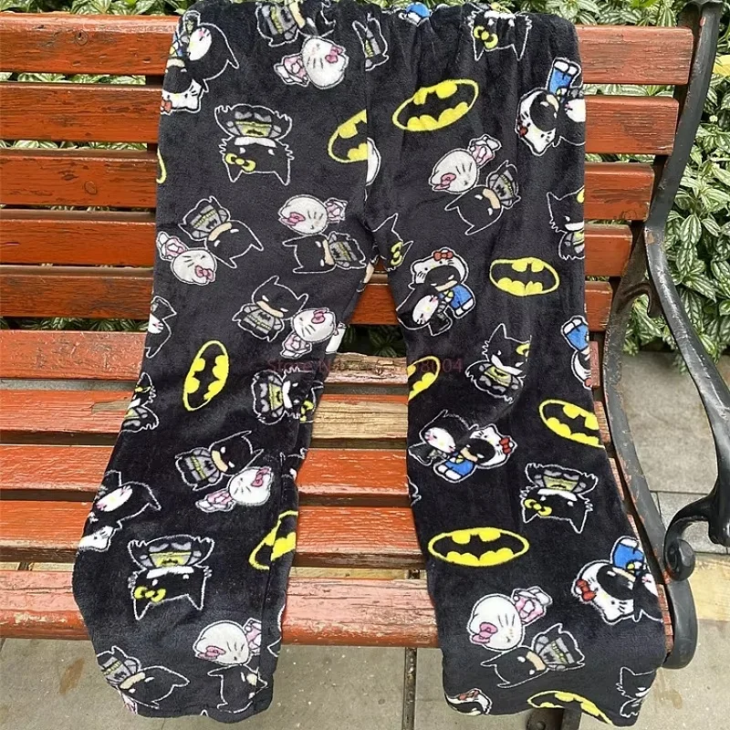 New Sanrio Y2k Style Autumn Hello Kitty Batman Pajama Pants Cartoon Hip Hop Lady Warm Casual Plush Flannel Cute Pants Xmas Gift