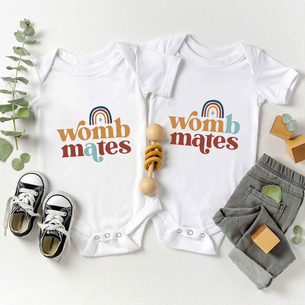 Cute Funny Twin Baby Boys Girls Clothes Womb Mates A B Fashion Newborn Onesie Pajamas Cotton Comzy Infant Outfits Bodysuits