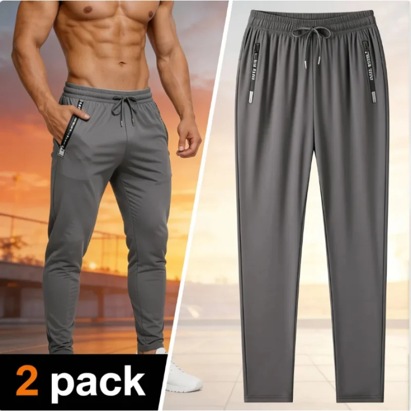 2-Pack Men's Ice Silk Sports Pants, Quick Dry Lightweight with Pockets, Elastic Waist Plus Size for Summer Fitness Running
