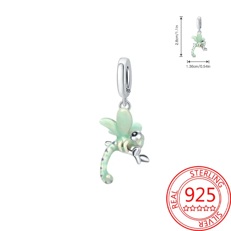 

Beads 925 Sterling Silver Charms Original Green Dragonfly Animal Pendant Insect Beads Fit Bracelet Jewelry Women Gift Accessory
