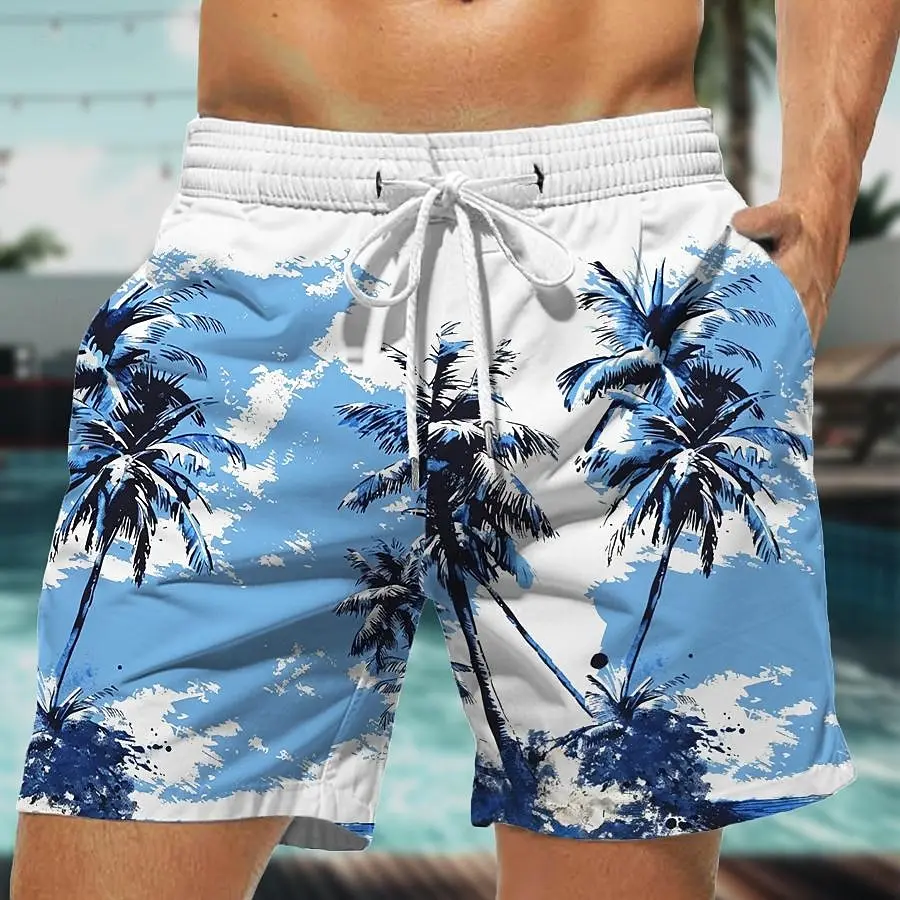 2024 Summer Oversized Casual Men\'s Drawstring Shorts Quick Dry Hawaii Holiday Sports Swimming Trunks Coconut Tree Printed Shorts