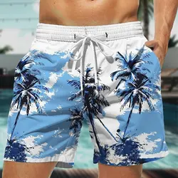 2024 Summer Oversized Casual Men's Drawstring Shorts Quick Dry Hawaii Holiday Sports Swimming Trunks Coconut Tree Printed Shorts