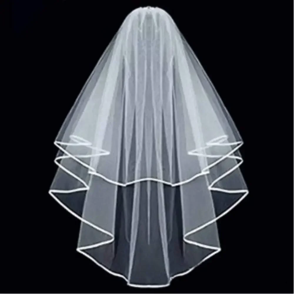 White Double Ribbon Edge Center Cascade Bridal Wedding Veil with Comb 2024