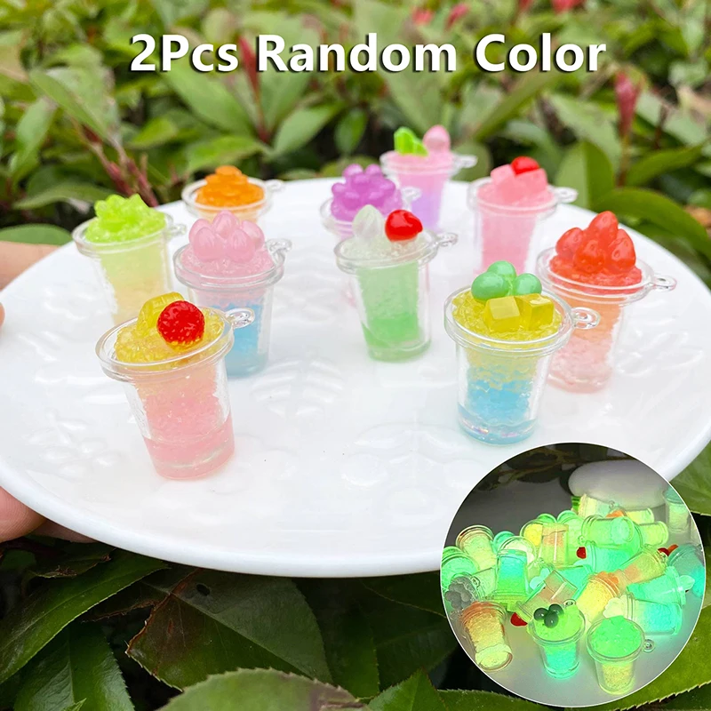 2Pcs Luminous Fruit Ice Cream Cup Ornament Mini Color Micro Landscape Decoration Dollhouse Miniature Toy