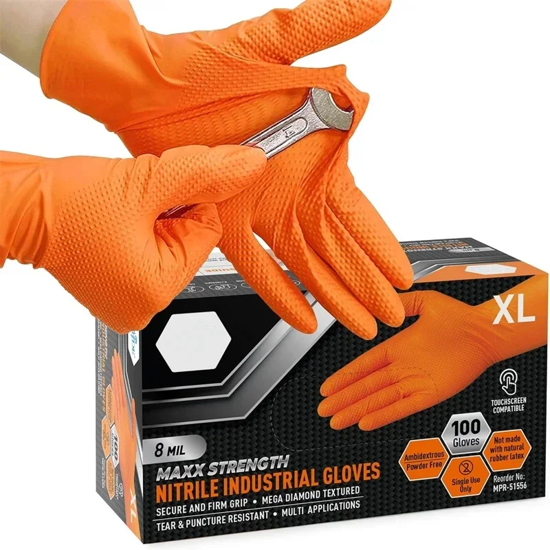 Heavy  Orange Nitrile Gloves 8Mil Industrial Disposable Gloves with Diamond Textured Grip for Mechanic Safety & Work Gloves