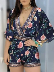 Deep V Neck Floral Half Sleeve Summer Rompers Women Playsuits