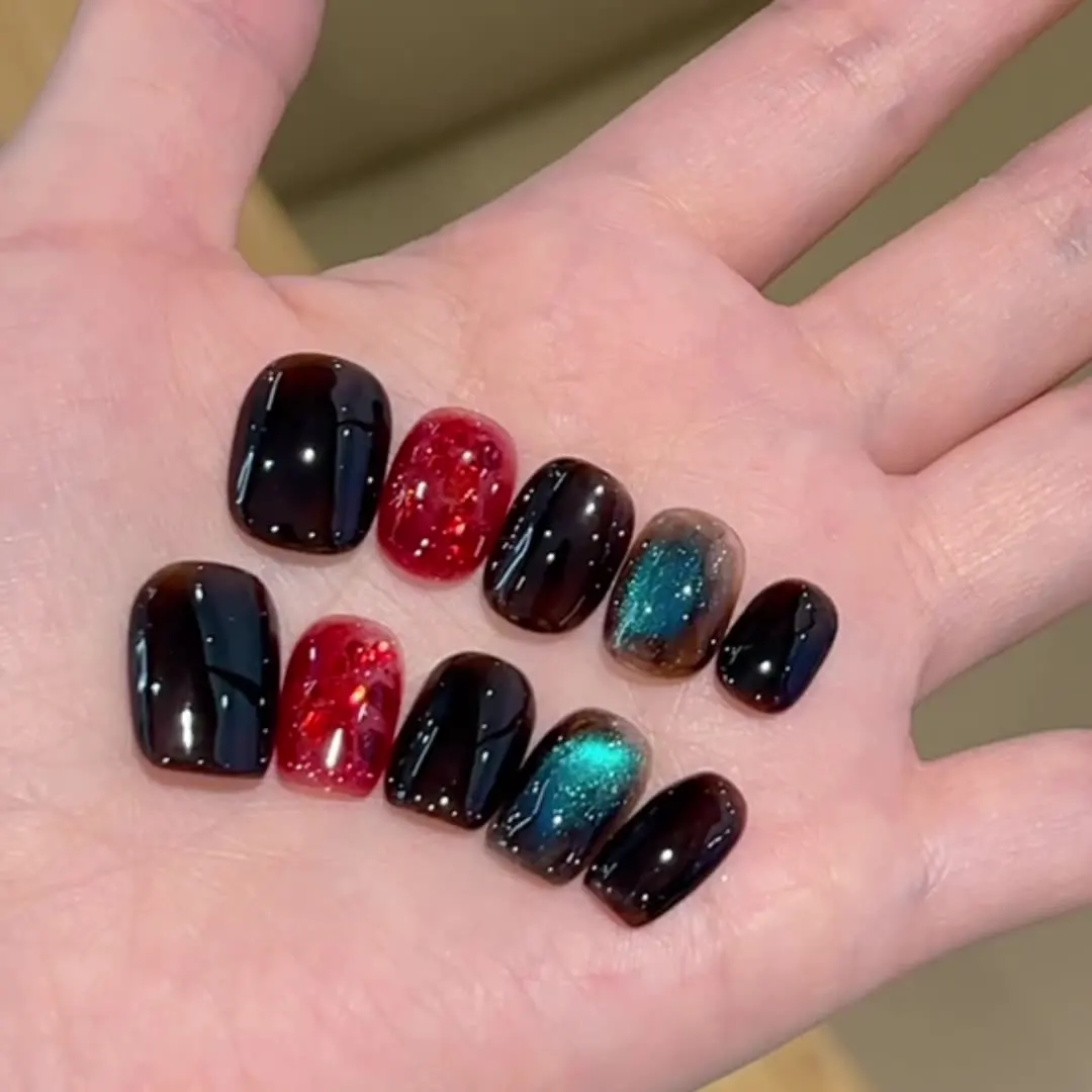 

10pcs Handmade Press on Nails Red Amber and Blue Cat's Eye Fake Nail for Women&Girl Short Square Detachable Wearable False Nail
