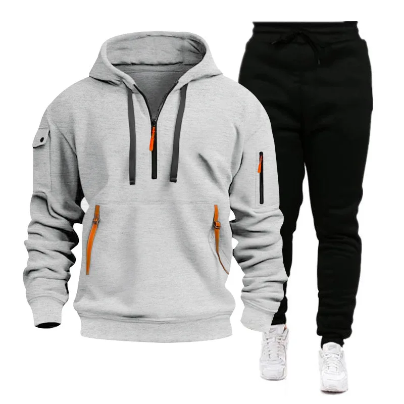 2024 Cross-border Sports Sweater Men\'s Multi-Pocket Zipper Hoodie Sweatpants Set