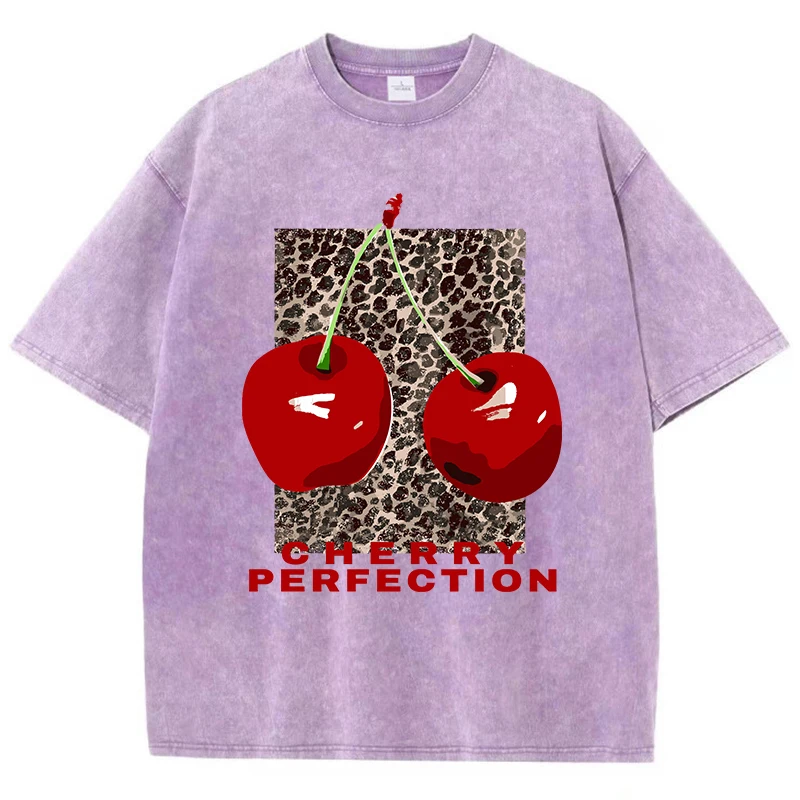 Cherries Washed T Shirt Women Cotton Leopard Print Oversize Tops Vintage Black O-Neck T-Shirts Summer Street Tees Woman Clothes