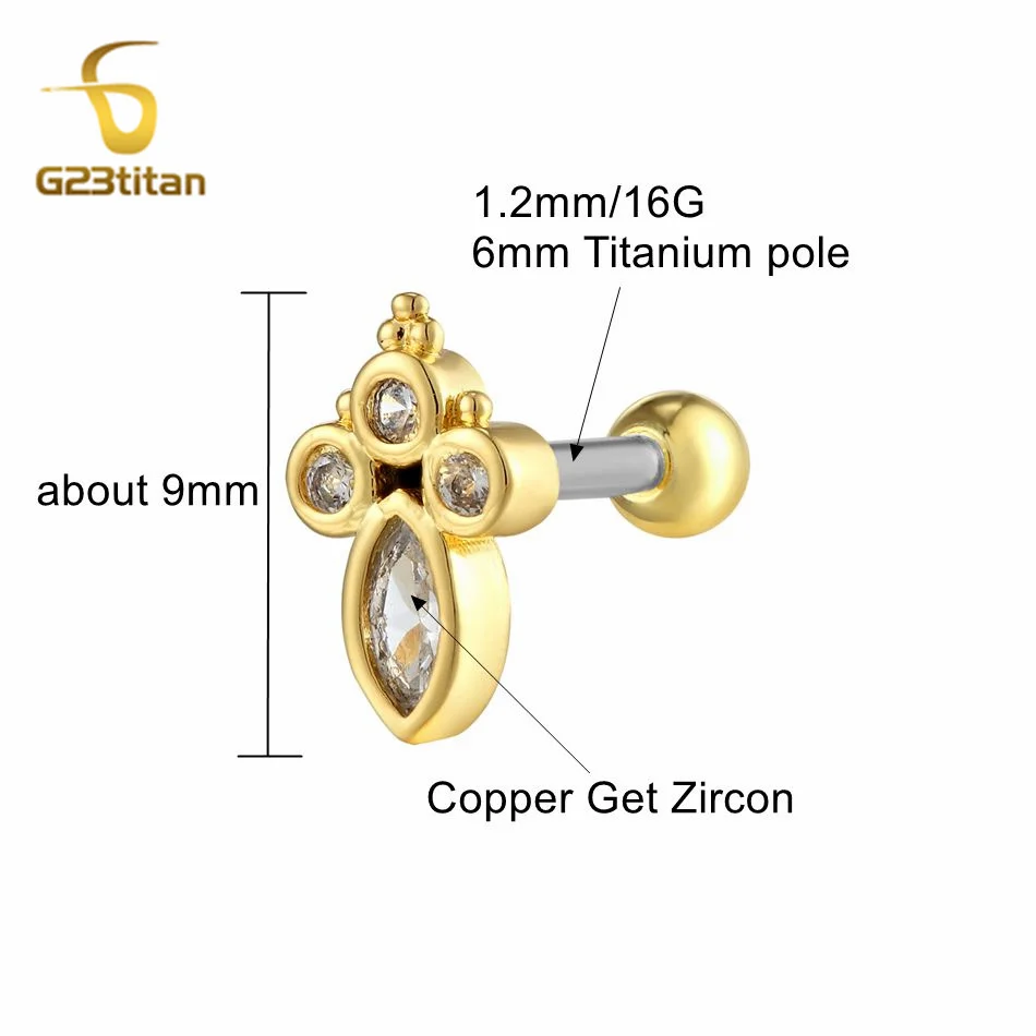 1pc 16G Titanium Screw Labret Tragus Zircon Stud Ear Cartialge Conch Body Surgical Piercing Earrings Women's Jewelry Decoration image 5
