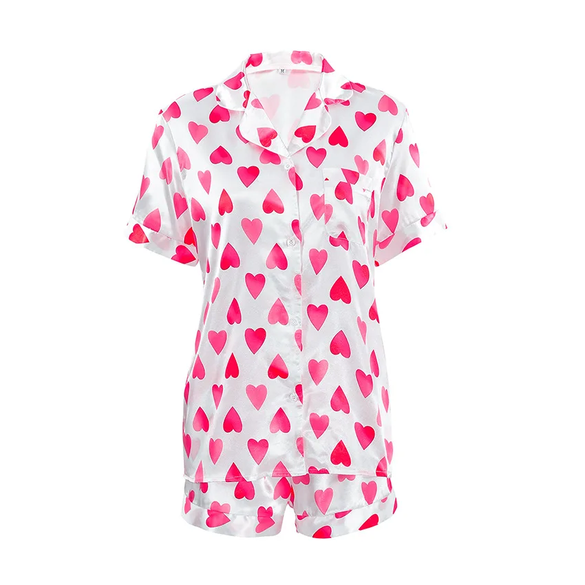2024 Summer Pink Love Printed Pajama Set For Women Imitation Silk Short Sleeved Shorts 2Pcs Female Home Sleepwear For Sleeping