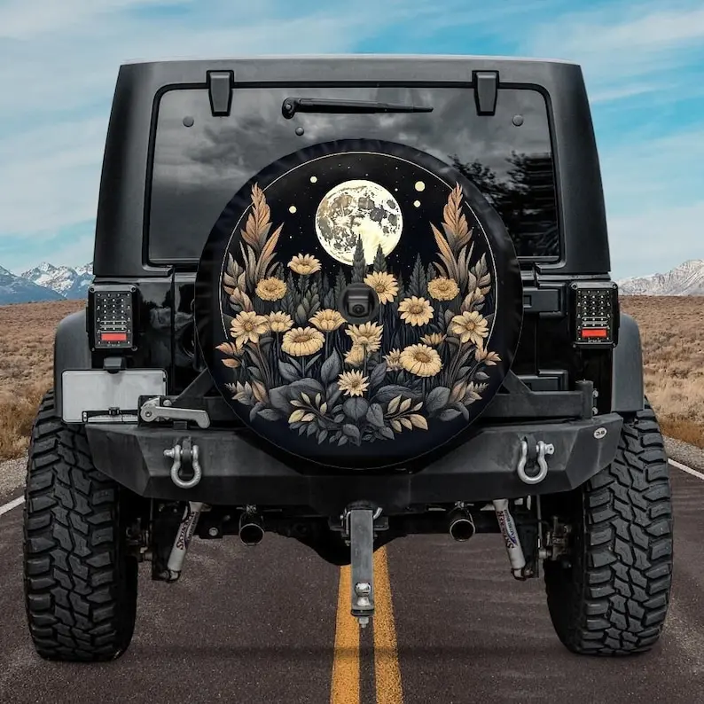

Boho Moon Spare Tire Cover with Moon and Flowers, Moon tire cover for Jeep for Bronco, Backup camera hole, Boho car accessories