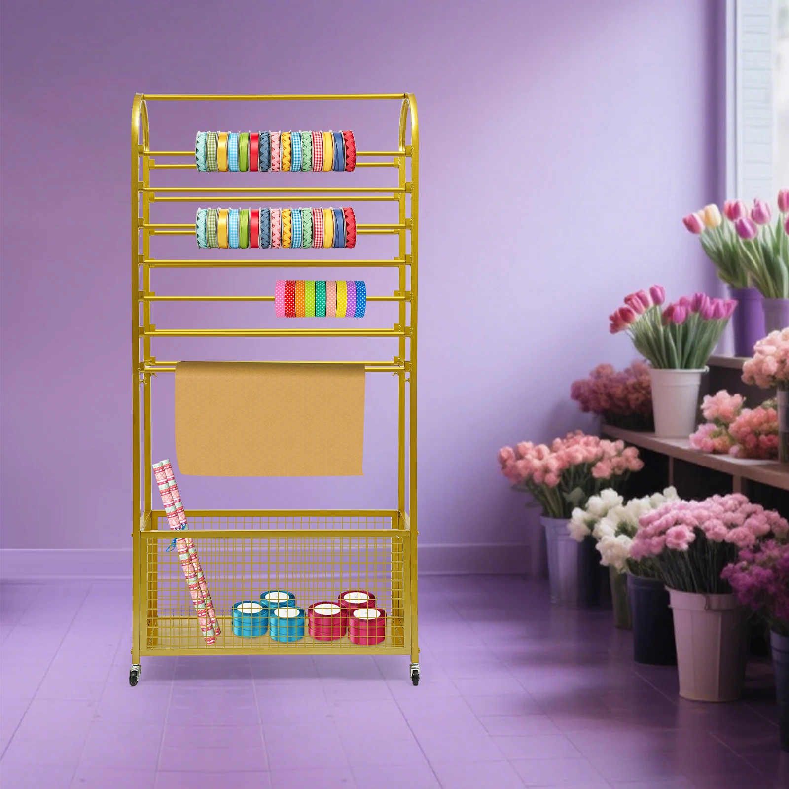 

Gold 80CM Double-Sided Ribbon Holder Ribbon Storage Display Rack for Craft Room Flower Shop Christmas Gift Wrapping Paper