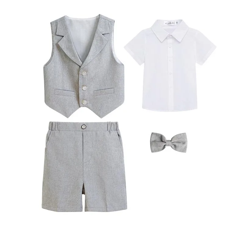 Boys Summer Soft Breathable Photography Suit Kids Cool Vest Shirt Shorts Bowtie Ceremony Costume Boys Silm Fit Wedding Dress